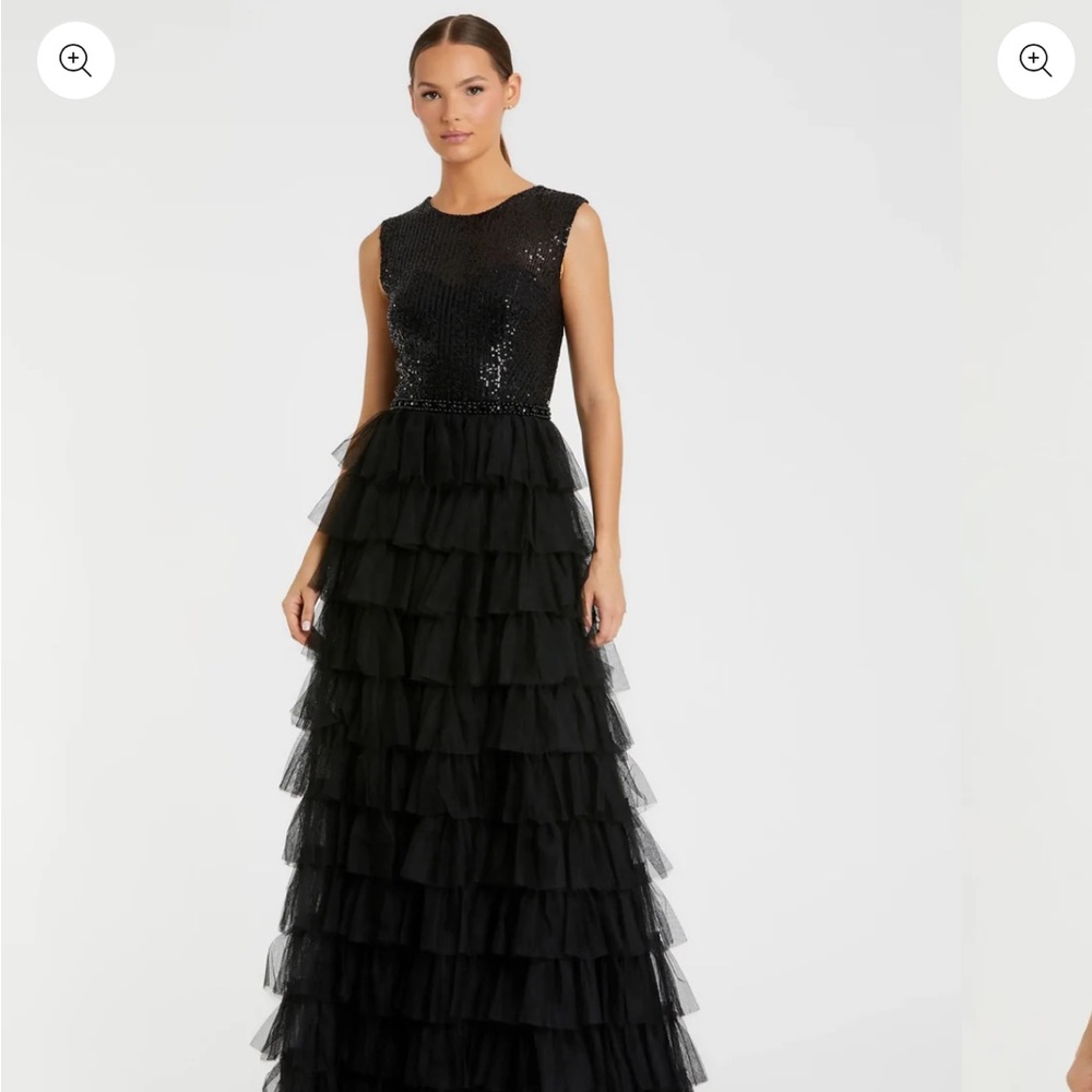 *NWT*  Mac Duggal Black Ruffle Tiered High Neck Sequined Gown